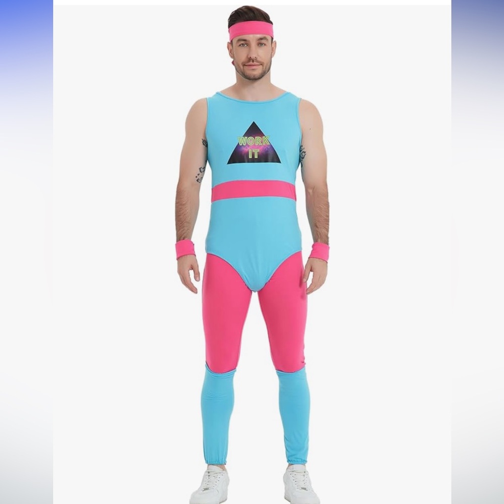 Men Women 80s Work It Out Costume Pink Blue Leotard, size Large